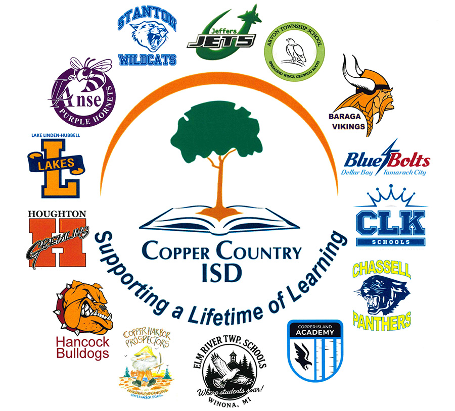 a logo that shows a tree on an open book and reads Copper Country ISD underneath