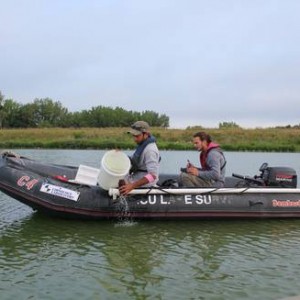 field technicians sample a lake in Iowa