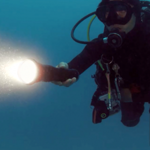 A underwater diver with a flashlight