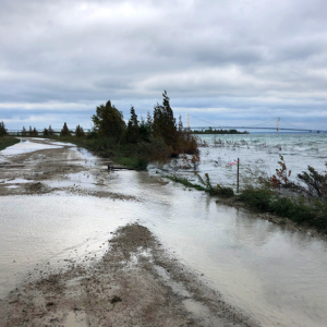 Water over the road near Mackinac bridge
