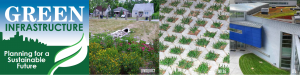 Green Infrastructure images, green roof, permeable pavement and a rain barrel