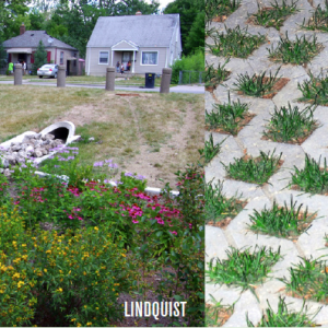 Green Infrastructure images, green roof, permeable pavement and a rain barrel