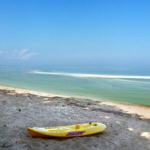 kayak sitting on beach with algal bloom on Lake Erie