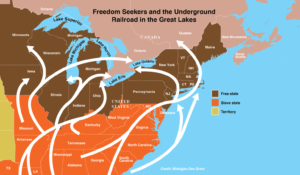 Map from curriculum materials depicting routes taken by Freedom Seekers to escape slavery in the south.
