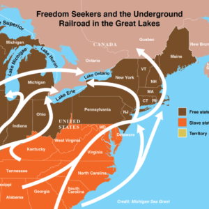 Map from curriculum materials depicting routes taken by Freedom Seekers to escape slavery in the south.