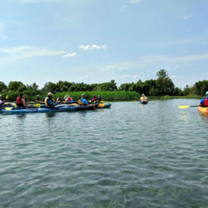 MI Paddle Stewards event, kayaks on the lake