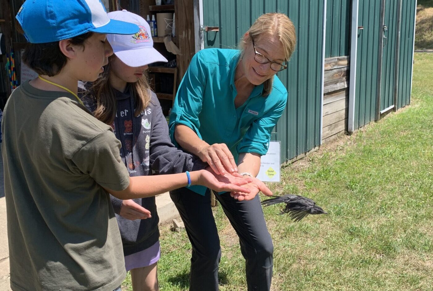 Two campers and a researcher cup their hands together as a small bird flies away from them