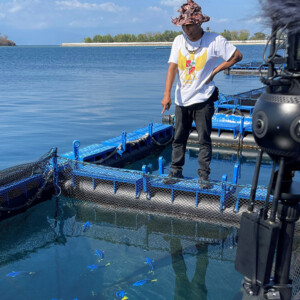 The 360 virtual reality camera is used to capture a tour an ornamental research farm that uses cage culture aquaculture. Photo: Lauren Jescovitch, Michigan Sea Grant