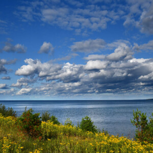 A view of open water with partly cloudy skys, in Keweenaw Bay in the upper peninsula of Michigan