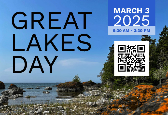 Image of a rocky Lake Huron shoreline with a blue sky
