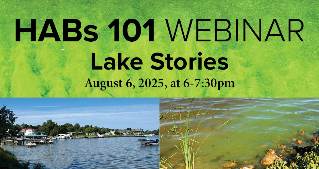 header image for habs 101 webinar with background of a green algal bloom, an inland lake, and an algal bloom forming near the shore of a lake