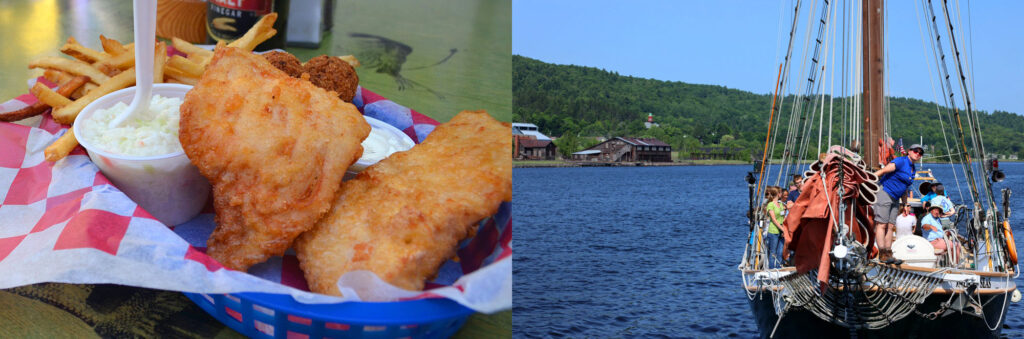 Fish fry on left side, sailboat with people on a tour on the right side