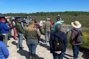 birding festival attendees listen to a speaker near a marsh on a sunny day.