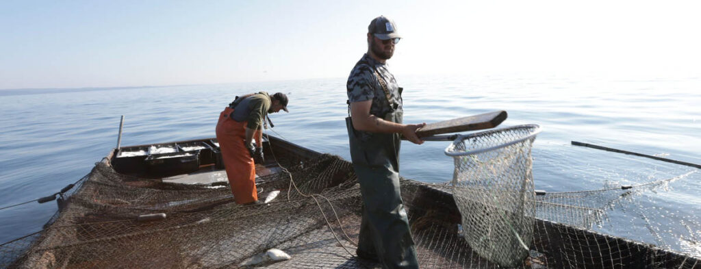 two commercial fishers adjusting a net on their boat on Lake Superior 