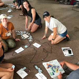 Five educators sit on the floor constructing the lakes from the lesson 