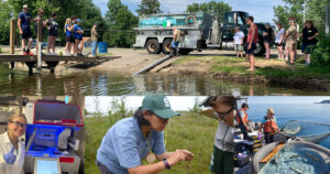 A group of students observing a fish stock release from a DNR truck