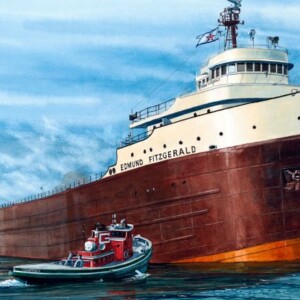 An artist's rendering of the freighter the Edmund Fitzgerald shown in the water with a small boat next to it.
