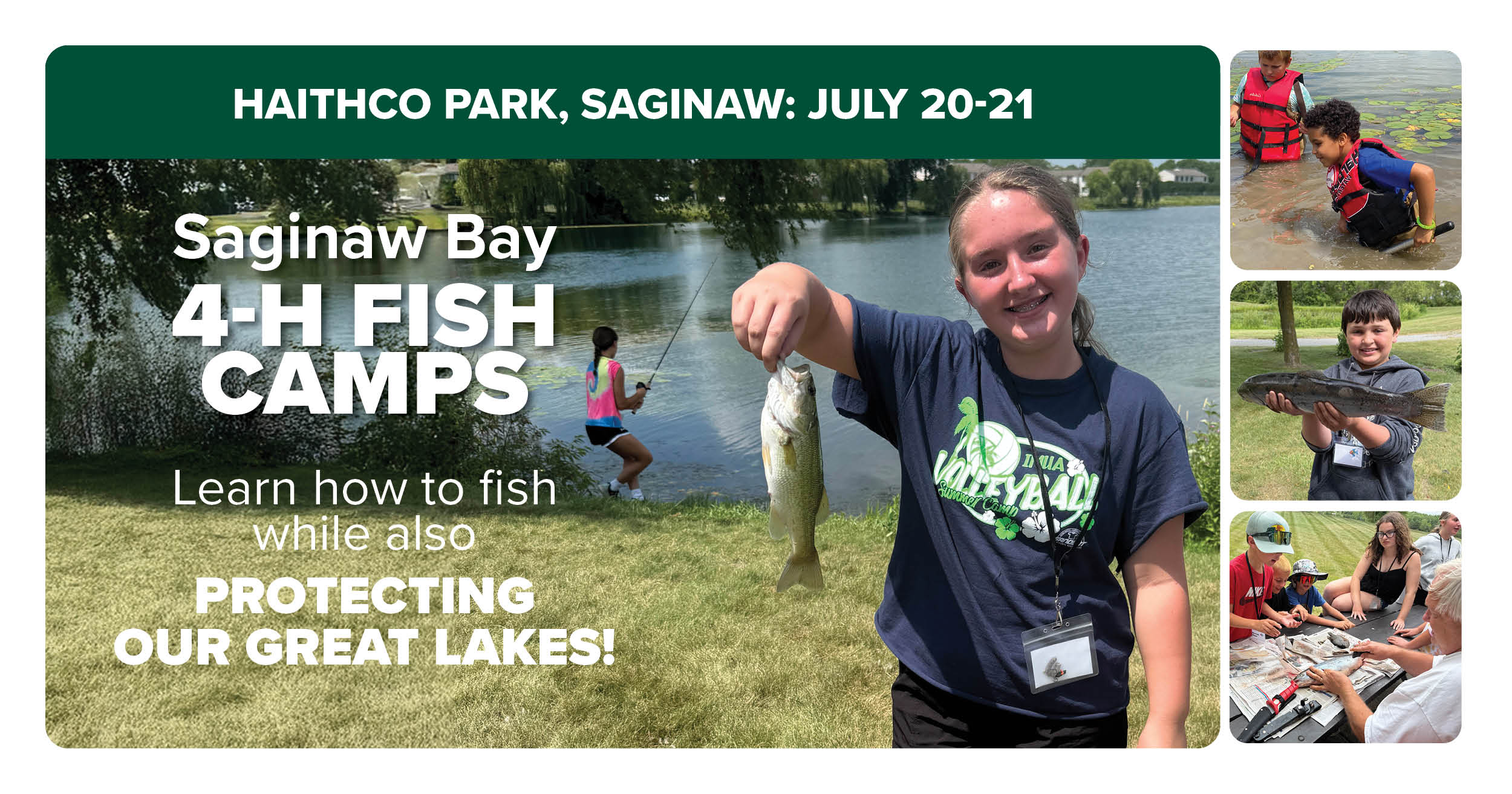 A student holds up a fish that they caught at camp