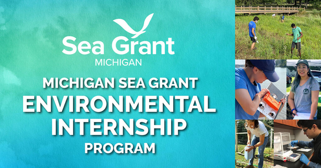Graphic with an aqua-green watercolor background that reads Michigan Sea Grant Environmental Internship Program with images along the right side showing students working outdoors on their research projects