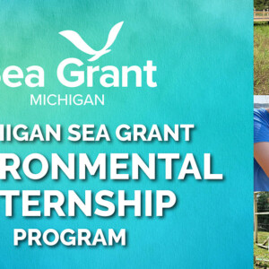 Graphic with an aqua-green watercolor background that reads Michigan Sea Grant Environmental Internship Program with images along the right side showing students working outdoors on their research projects