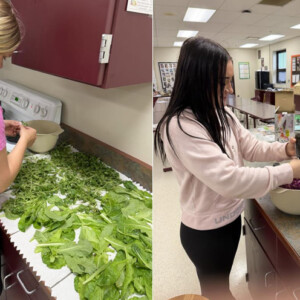 Two students sort through their aquaculture project