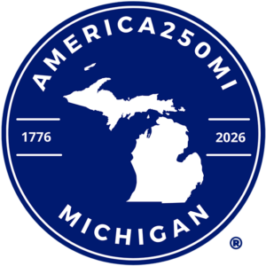 America250 logo in dark blue with the shape of the state of michigan in the middle
