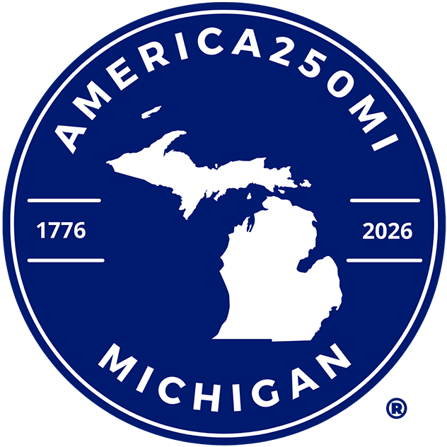 America250 logo in dark blue with the shape of the state of michigan in the middle