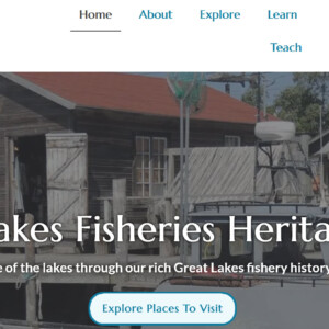 Screenshot of the banner at the Great Lakes Fisheries Heritage Trail website showing a waterfront and navigation words to explore the website.