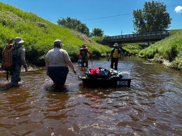 A group of researchers wading down a shallow river